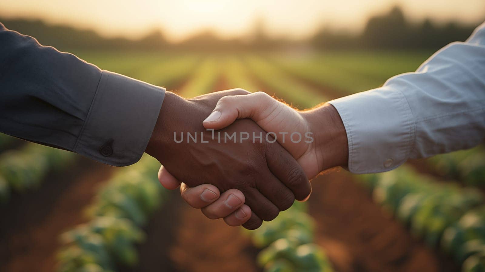 Handshake of two men in shirts, on the background of a farmer's field with green beds.