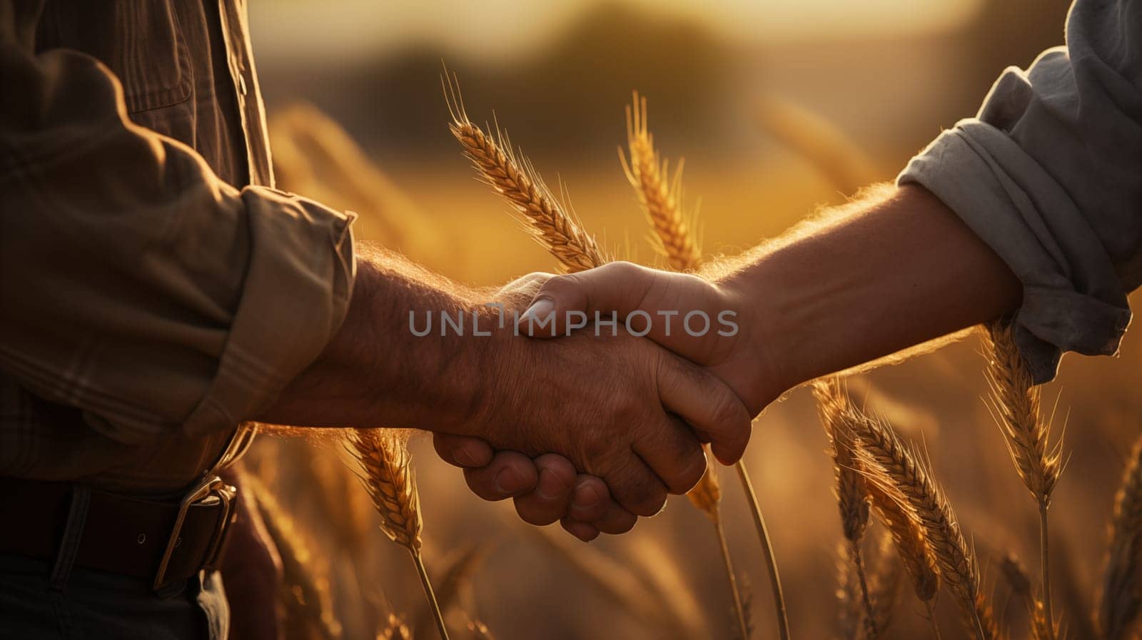 Close up of Handshake of two farmers against the backdrop of a farmer's field with golden ripe wheat.