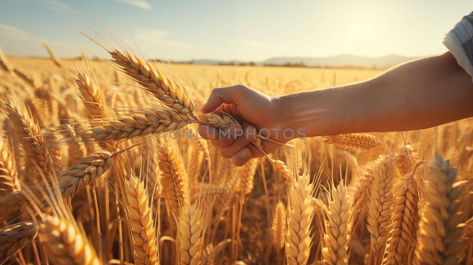 Farmer's hand inspecting ripe wheat in a field with golden wheat by Zakharova