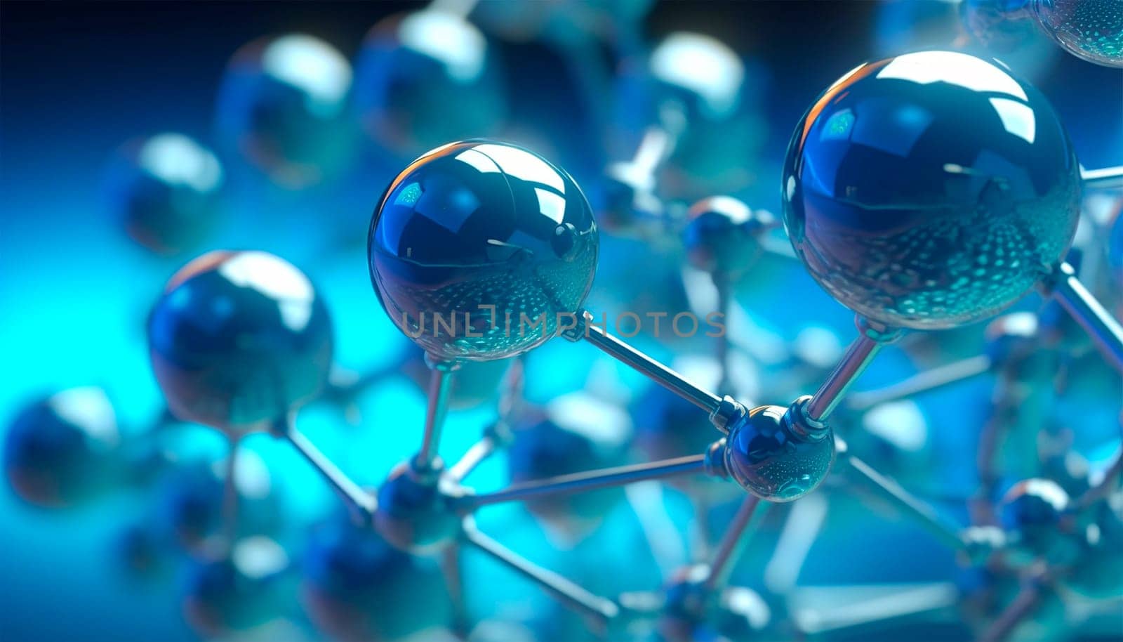 Science background with molecule or atom. molecule set, jojoba nano 3D cell, collagen bio abstract medical icon. Beauty science skin care molecular concept, natural bubble kit. colorful molecule atom illustration Copy space