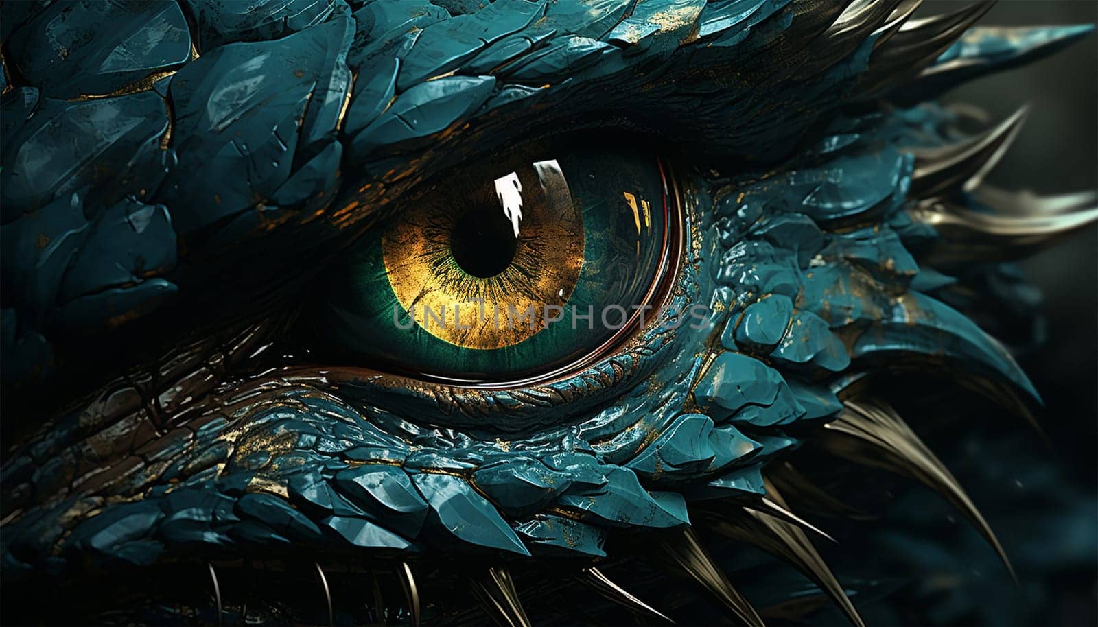 Dragon or dinosaur monster eye 3D, monochrome reptile eyeball and spiky skin. Realistic fantasy creature pupil. Mythical animal Copy space colorful