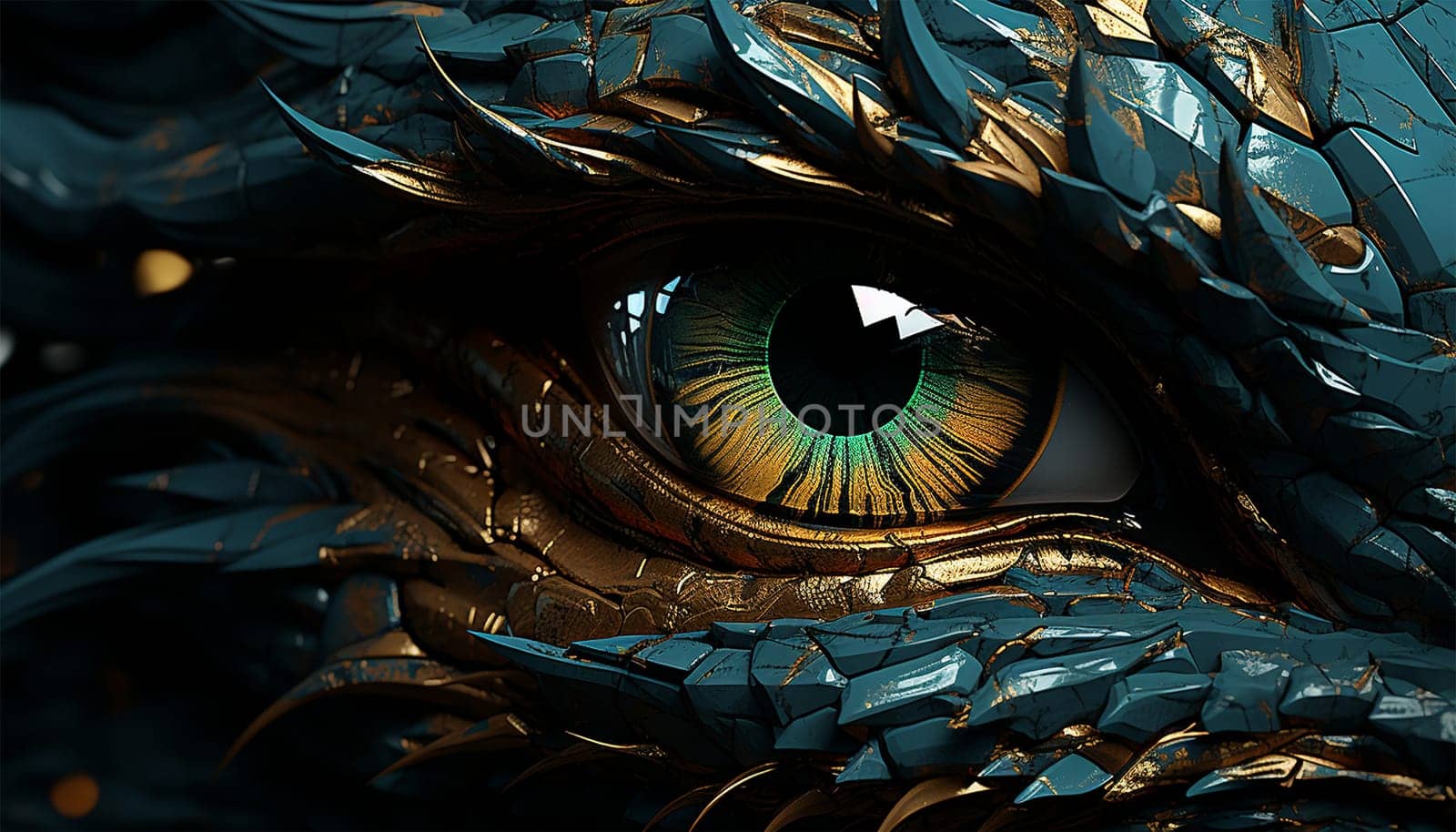 Dragon or dinosaur monster eye 3D, monochrome reptile eyeball and spiky skin. Realistic fantasy creature pupil. Mythical animal Copy space colorful