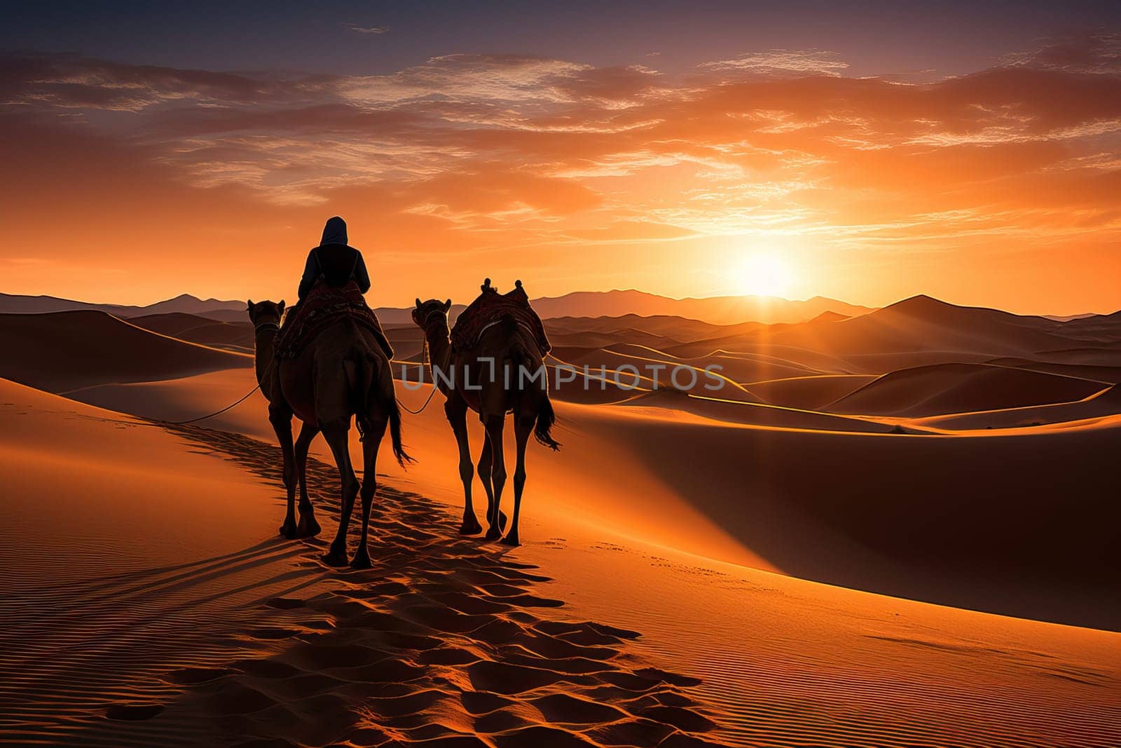 Silhouette of a caravan in the desert at sunset. by Niko_Cingaryuk