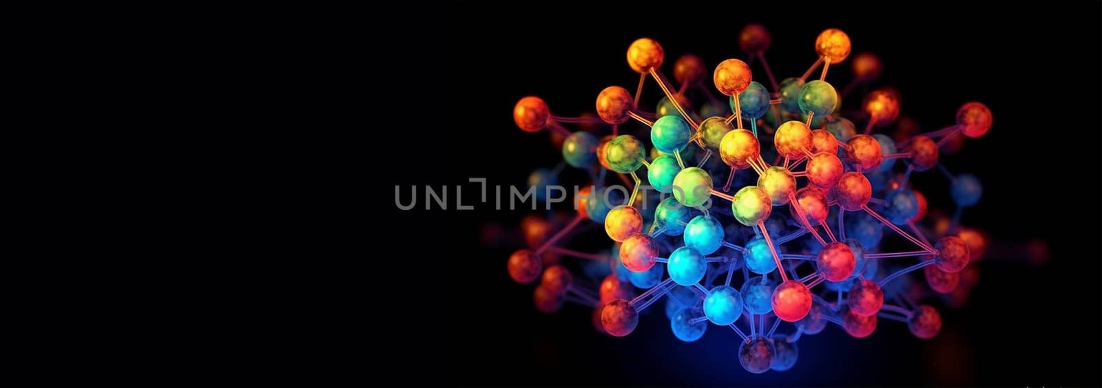 Neon light molecule black background. Alternative hydrogen energy futuristic concept with glowing low polygonal hydrogen molecules and place for text on dark black background. Modern abstract wire frame mesh design illustration. DNA Space for text