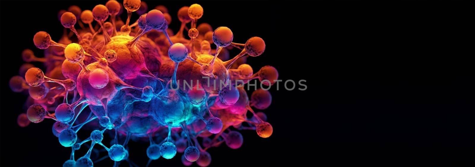 Neon light molecule black background. Alternative hydrogen energy futuristic concept with glowing low polygonal hydrogen molecules and place for text on dark black background. Modern abstract wire frame mesh design illustration. DNA Space for text