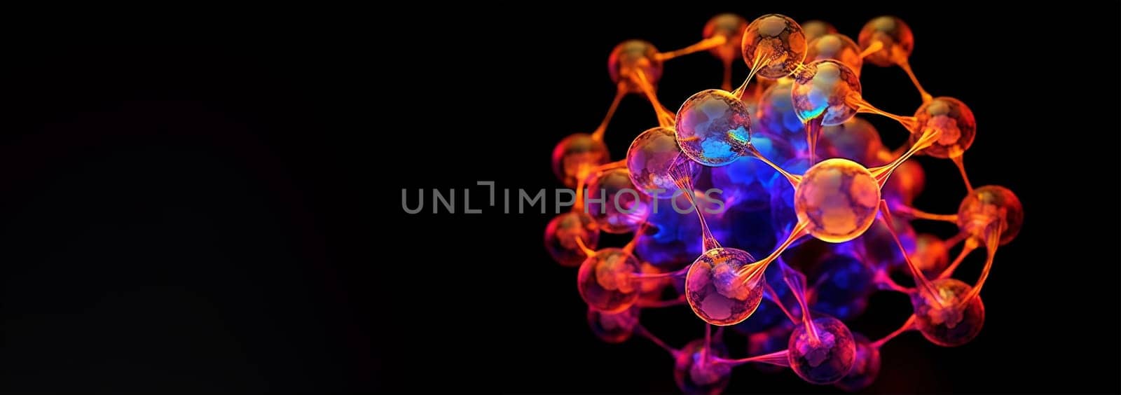 Neon light molecule black background. Alternative hydrogen energy futuristic concept with glowing low polygonal hydrogen molecules and place for text on dark black background. Modern abstract wire frame mesh design illustration. DNA by Annebel146