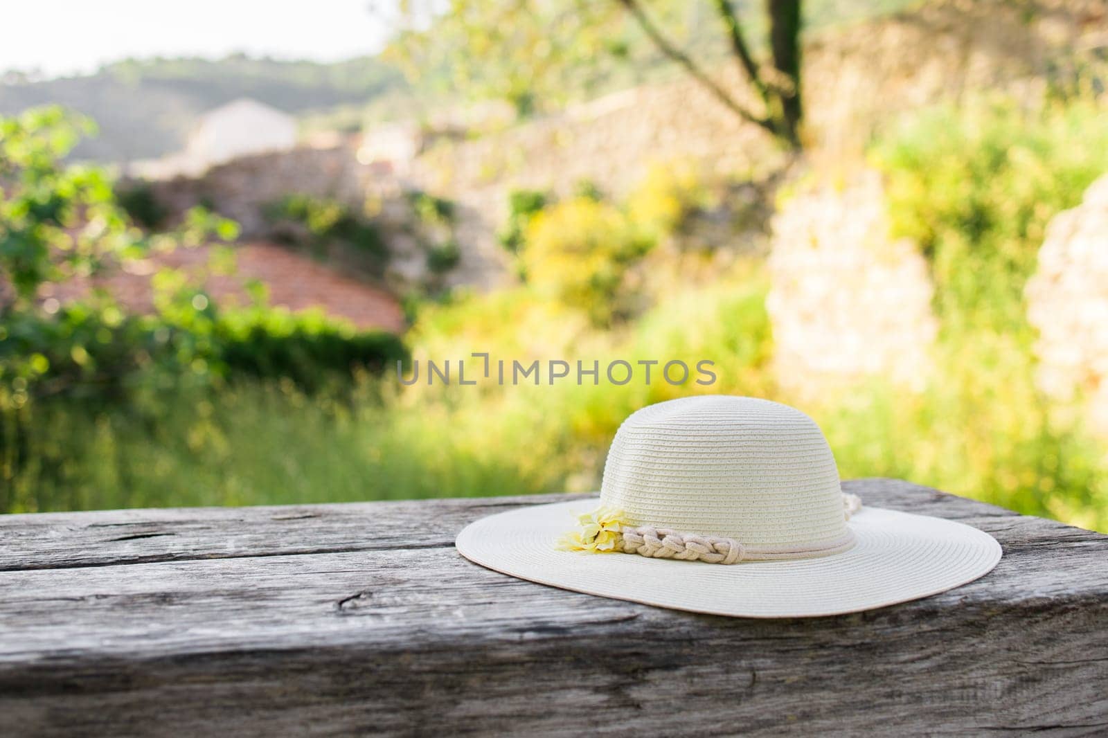 Summer nature background. Braided straw hat on bench in garden. spring season. Rustic composition nature. Relax voyage time. Copy space and mock up place for text by Satura86