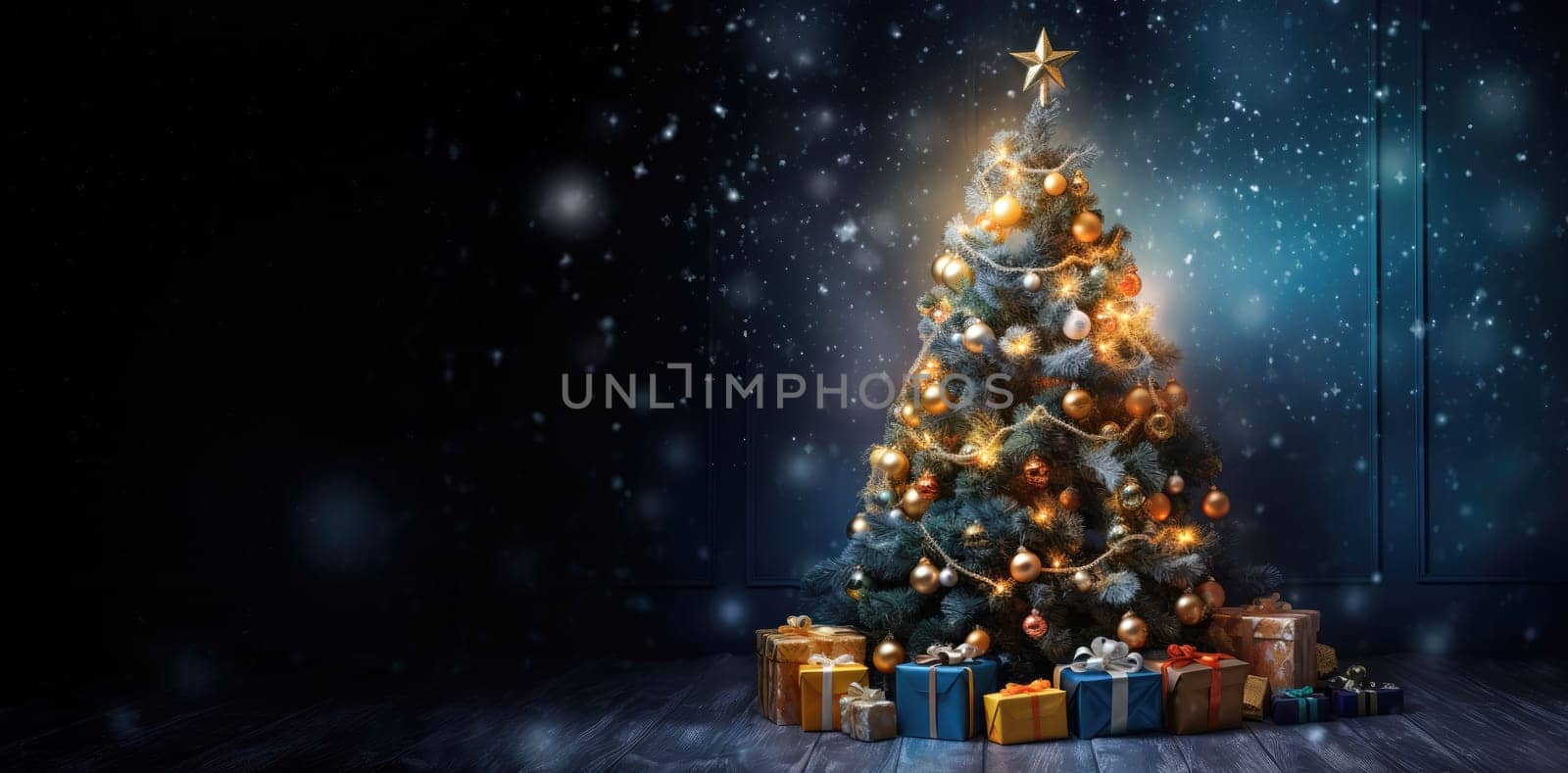 Banner. Decorated Christmas tree on a blurred dark blue background, with blur effect. Copy paste, copy space for text by Ramanouskaya