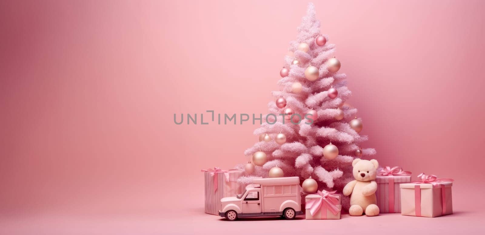 Christmas pink background with New Year tree and gift toys, Christmas gift box, fir tree and decorations on pink layout. Close-up with copy space.