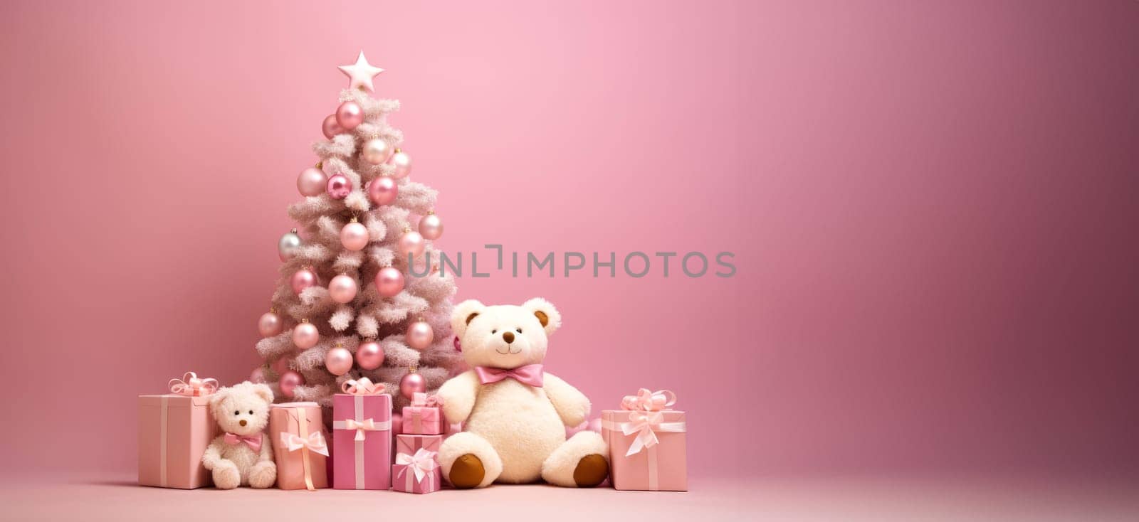 Christmas pink background with New Year tree and boxes of Christmas gifts. Close-up with copy space. by Ramanouskaya