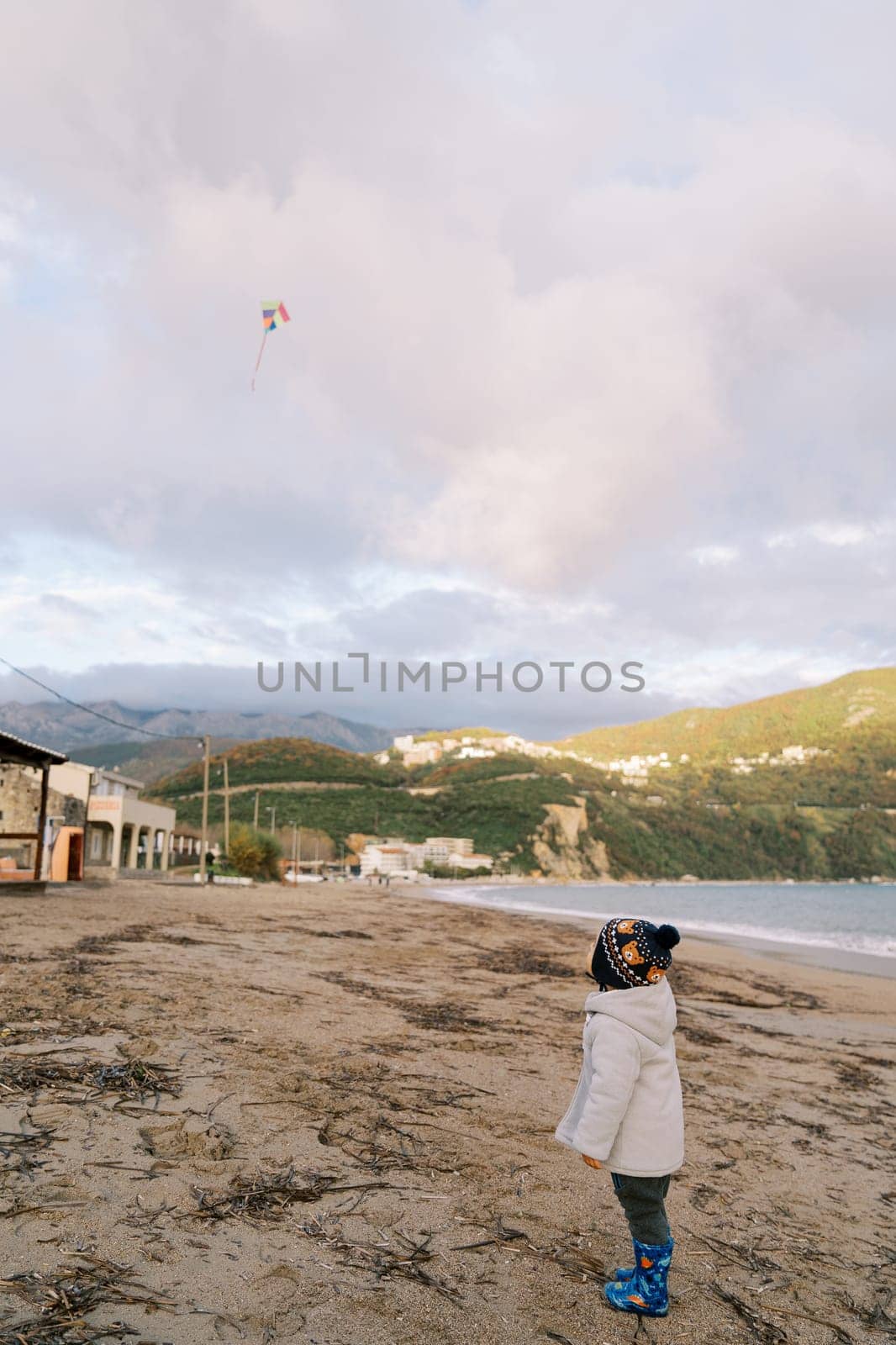 Little girl stands on the seashore and looks at a kite flying in the sky. Side view. High quality photo