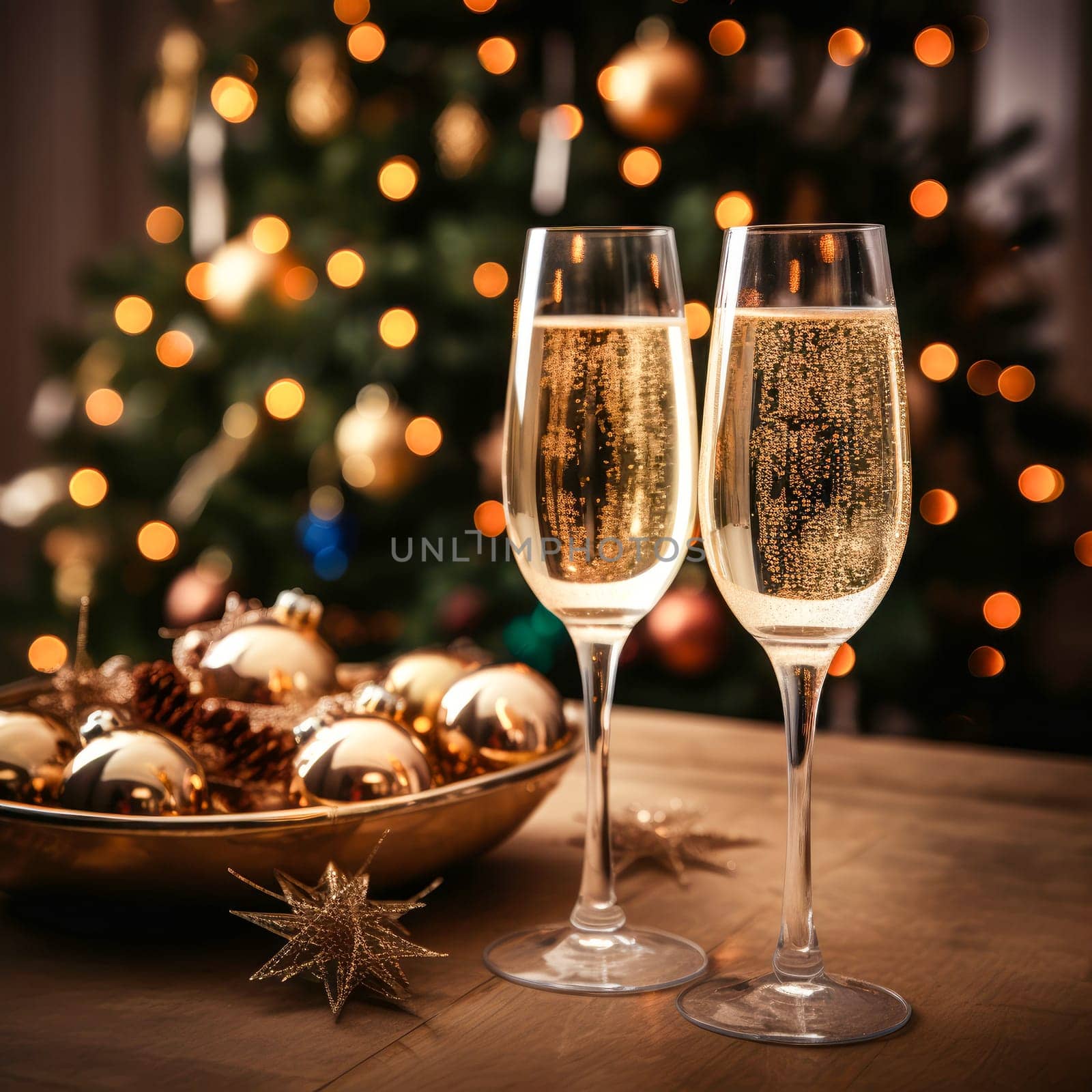 Champagne Toast Celebration - Happy New Year With Golden Glitter On Blue Abstract Background And Defocused Bokeh Lights by Ramanouskaya