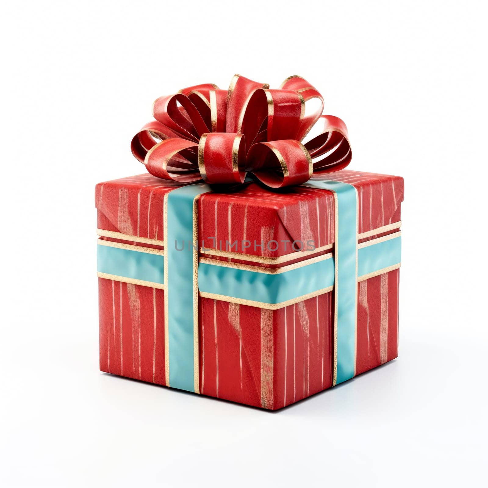 Red gift box with a beautiful bow, on a white background. Isolated object, white background.