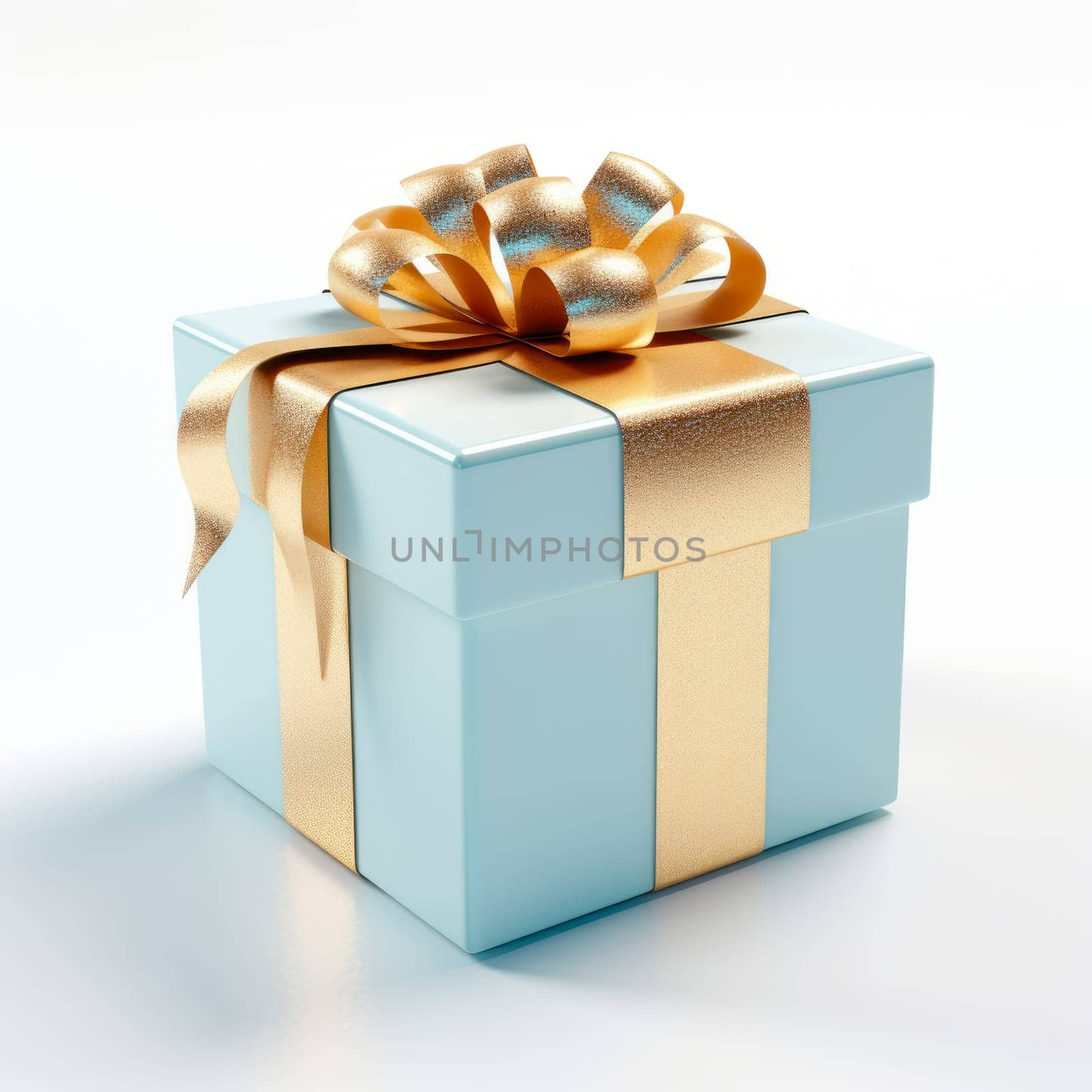blue gift box with a beautiful gold bow, on a white background. Isolated object, white background