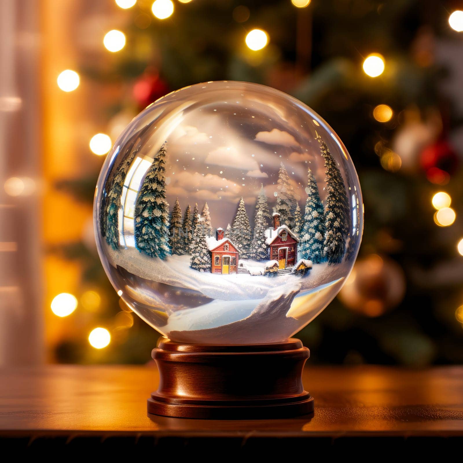 winter landscape with road and a snowstorm, spruce house, in a glass Christmas globe. The background is exquisite bokeh by Ramanouskaya