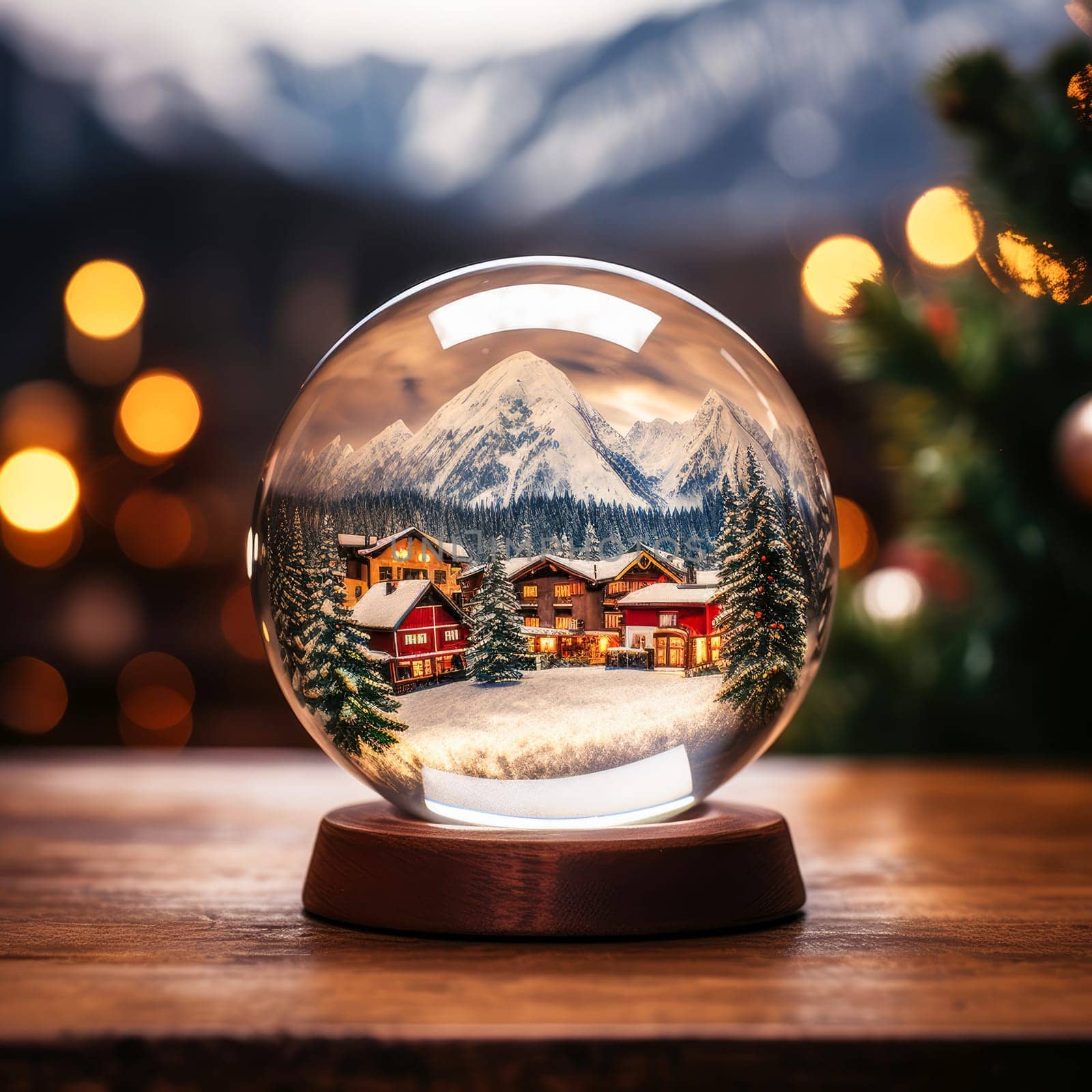 There is a blizzard, a winter landscape with a road and a blizzard, a spruce house, in a glass Christmas globe. The background is exquisite bokeh.