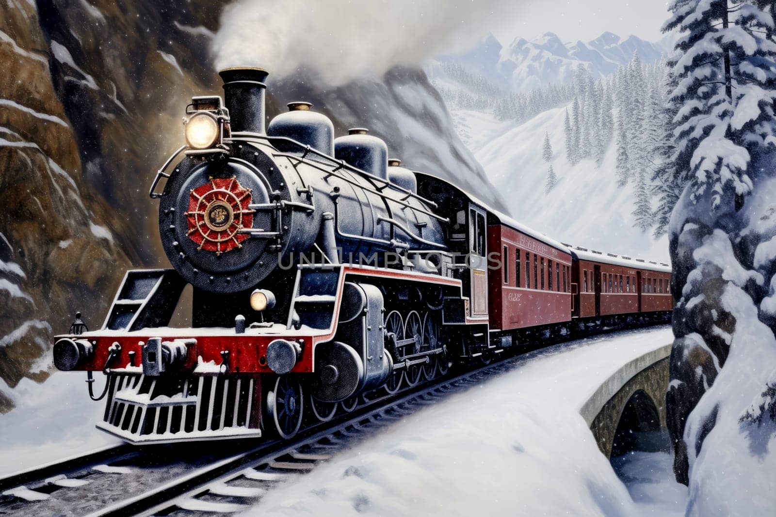 The red Christmas train leaves the tunnel on a winter day, a fabulous atmosphere, Alpine mountains and forest around.