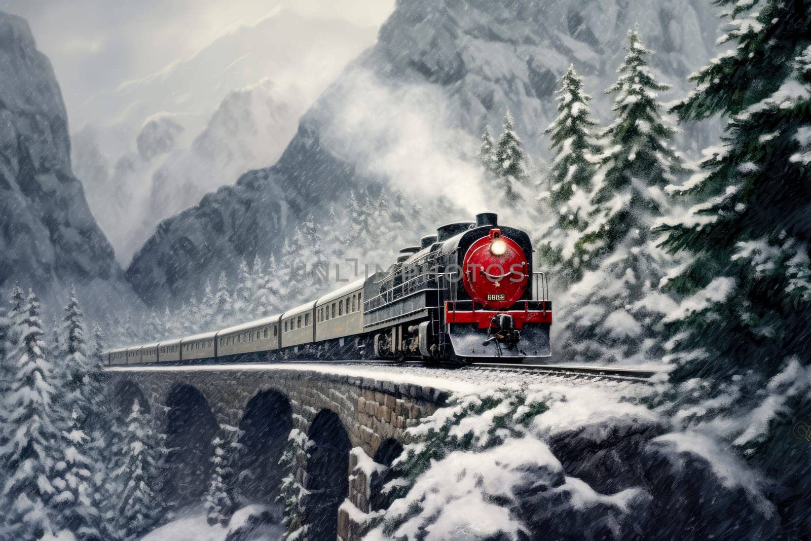A red Christmas train travels across a bridge on a winter day, a fabulous atmosphere, Alpine mountains and forest around by Ramanouskaya