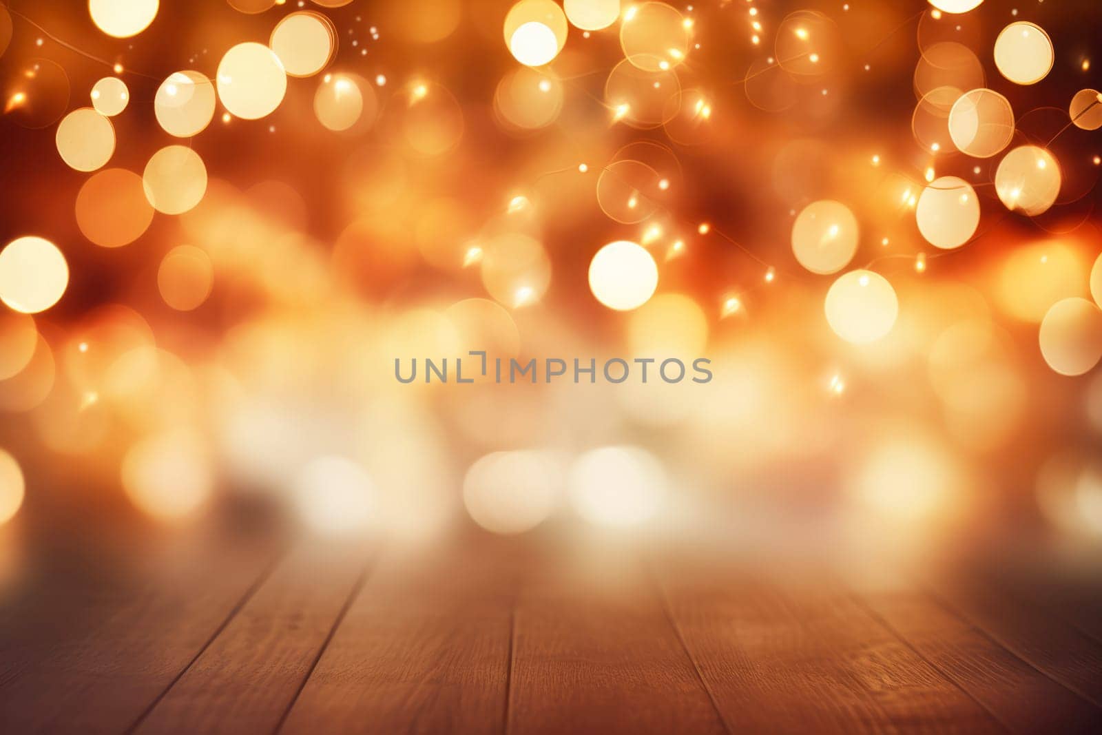 Golden Christmas lights defocused in bokeh effect. Copy space. Can be used for New year celebration by Ramanouskaya