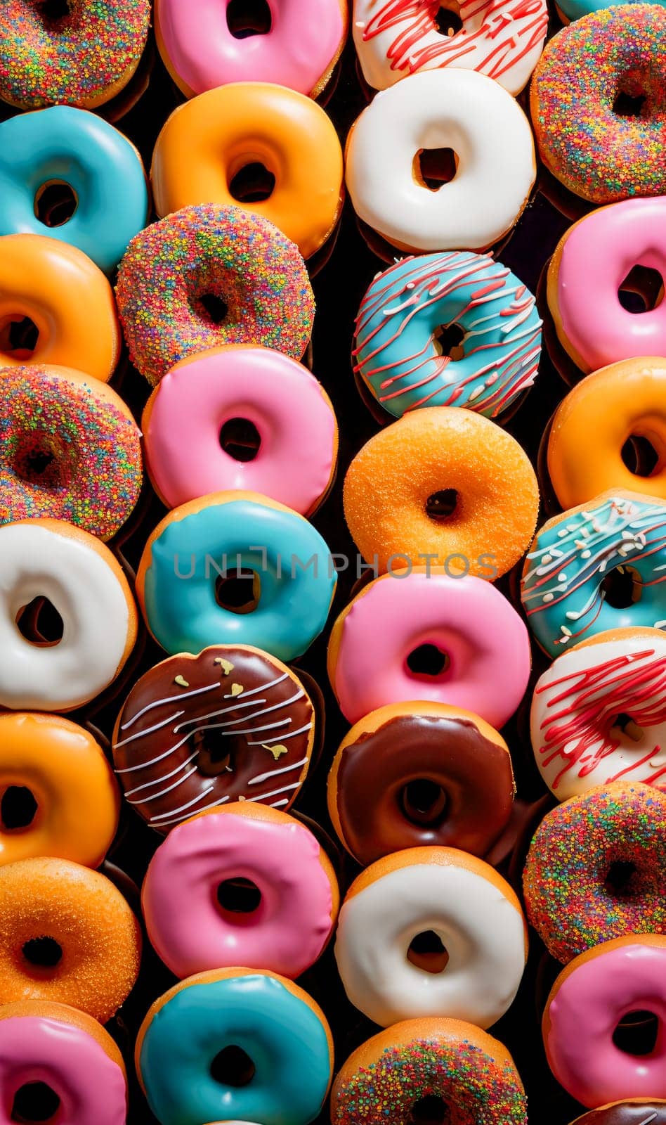 Donuts pattern. Top view of a variety of glazed donuts. Colorful glazed donuts with sprinkles by Ramanouskaya