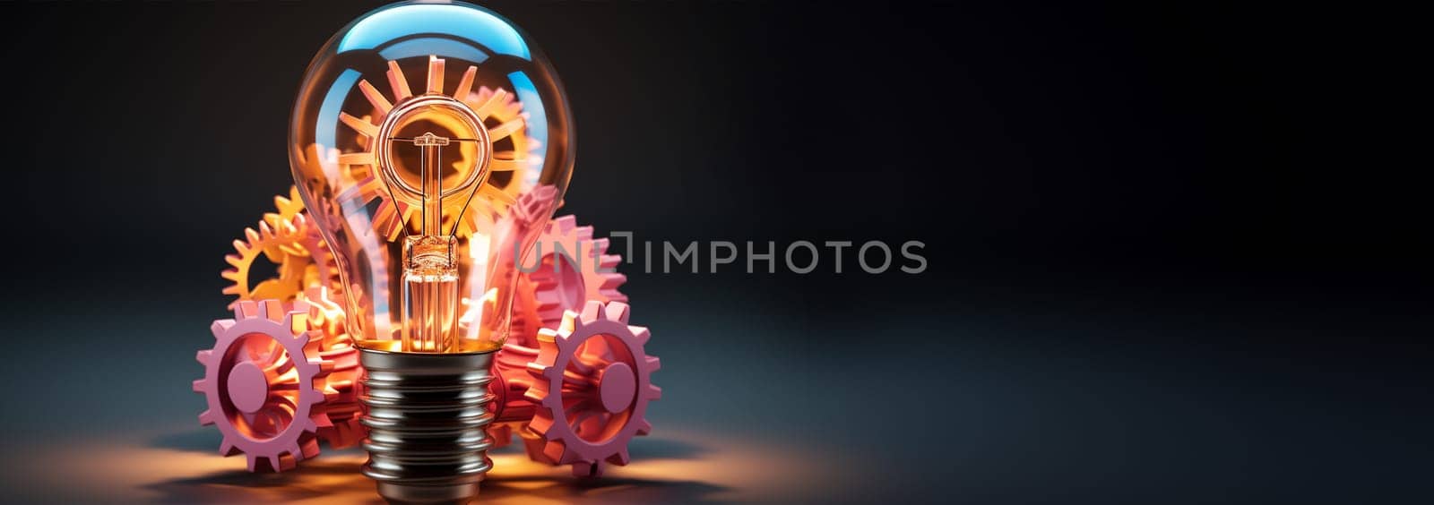 Idea and brainstorming concept Light bulb and gears 3d render. Innovation concept. Insight icon isolated on pastel background. 3D Illustration. Pink,purple and blue. Glow Idea,teamwork,brainstorming design Space for text