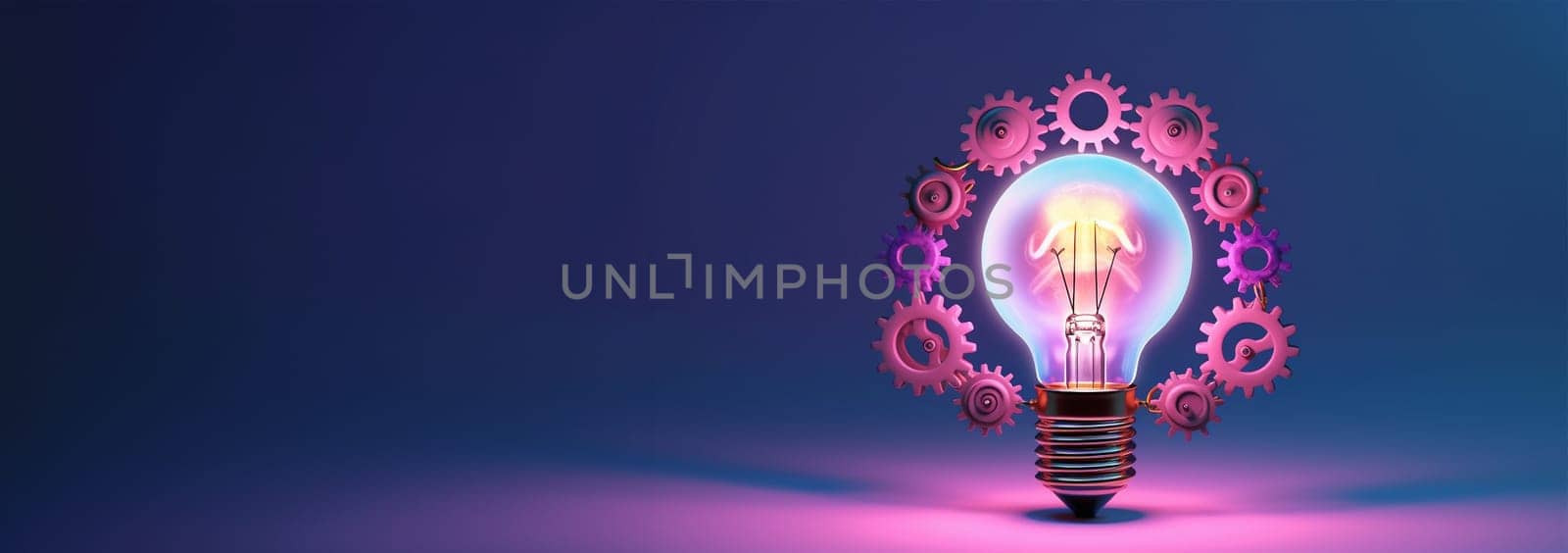 Idea and brainstorming concept Light bulb and gears 3d render. Innovation concept. Insight icon isolated on pastel background. 3D Illustration. Pink,purple and blue. Glow Idea,teamwork,brainstorming design by Annebel146