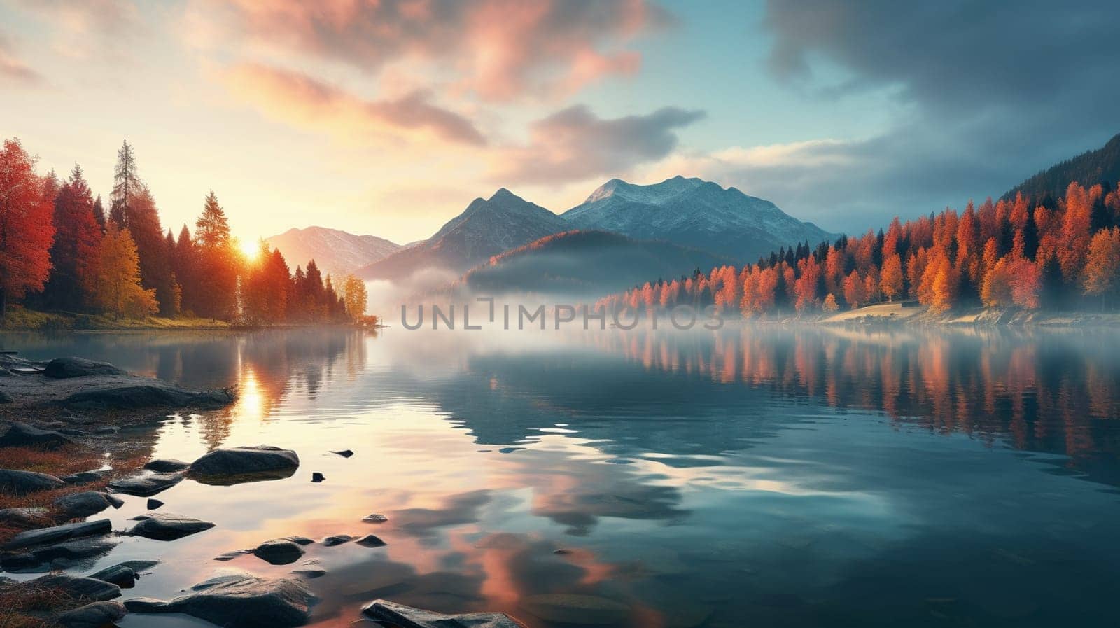 Fall. A foggy morning during dawn. Autumn trees on the river bank. Mountains and forest. Reflections on the surface of the lake. Banff National Park . High quality photo