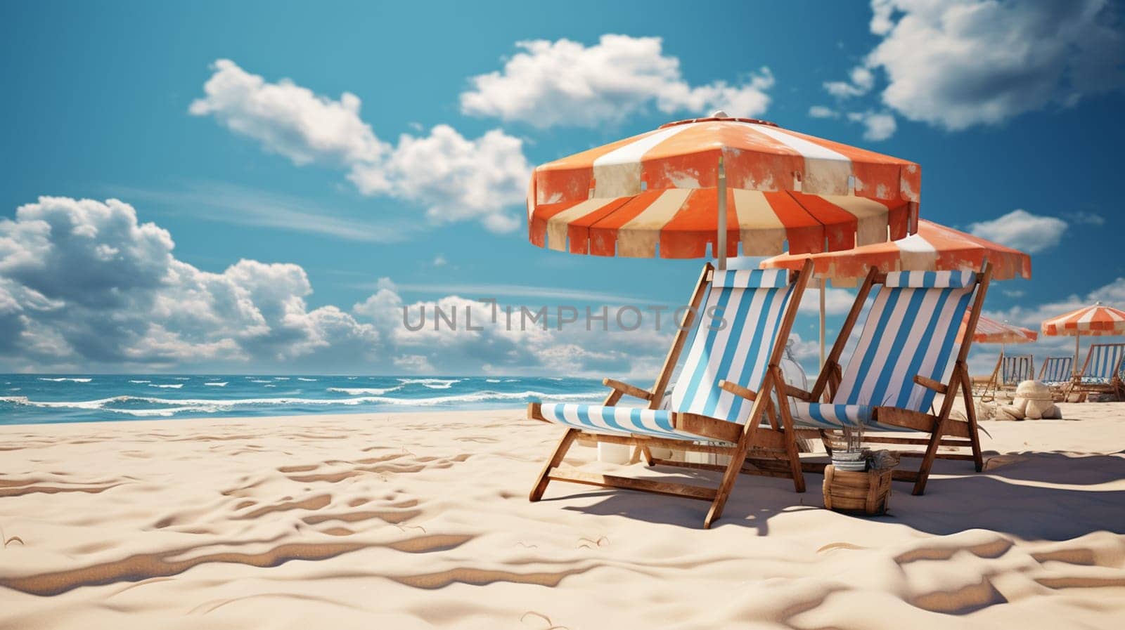 Seascape beautiful view and Canvas bed and umbrella on the beach for sunbathing, watercolor painting background concept. by Andelov13