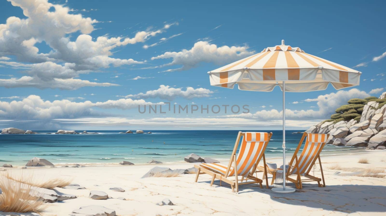 Seascape beautiful view and Canvas bed and umbrella on the beach for sunbathing, watercolor painting background concept. by Andelov13