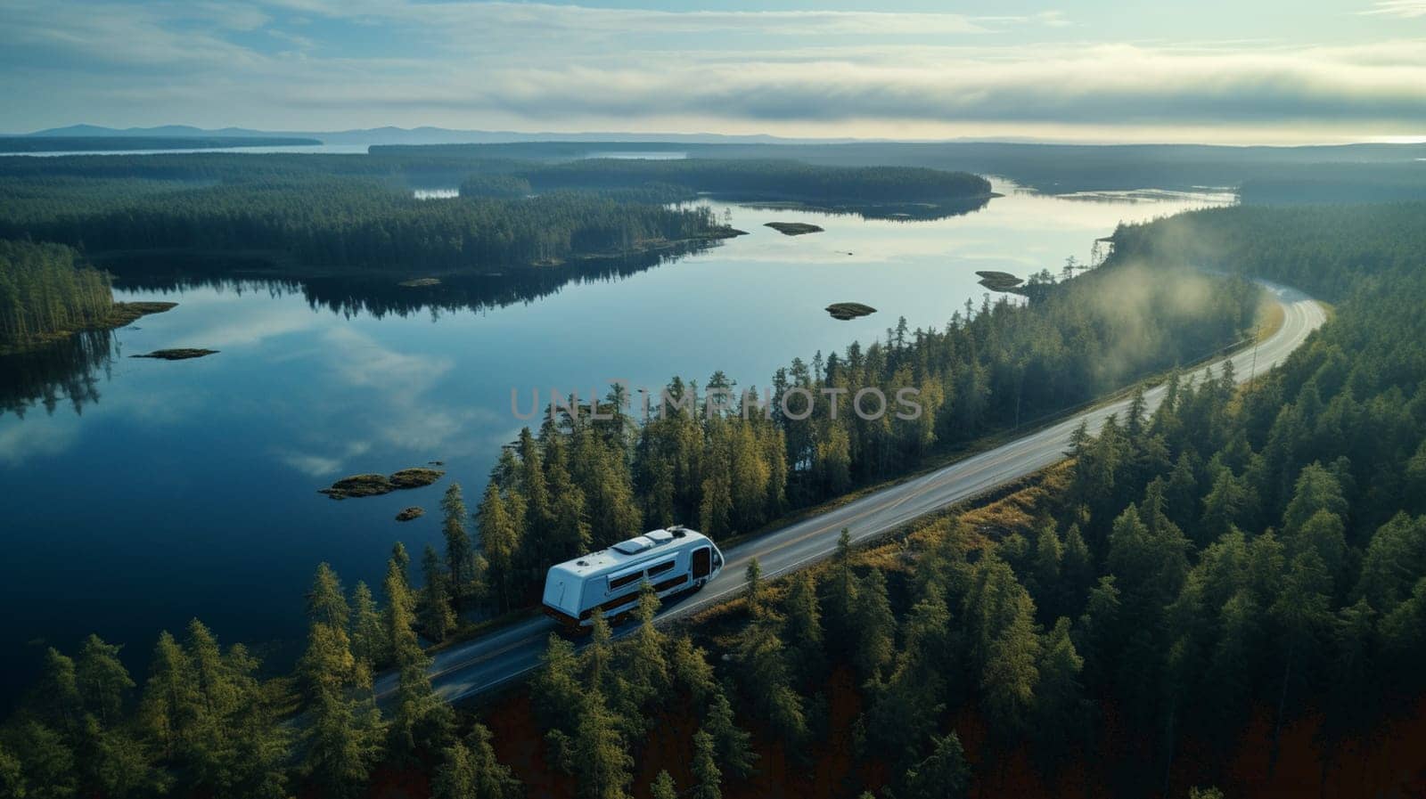 Aerial view of unlimited space of forest plain and car which are riding on highway. Asphalt road between green fir and pine trees with snow under cloudy sky. by Andelov13