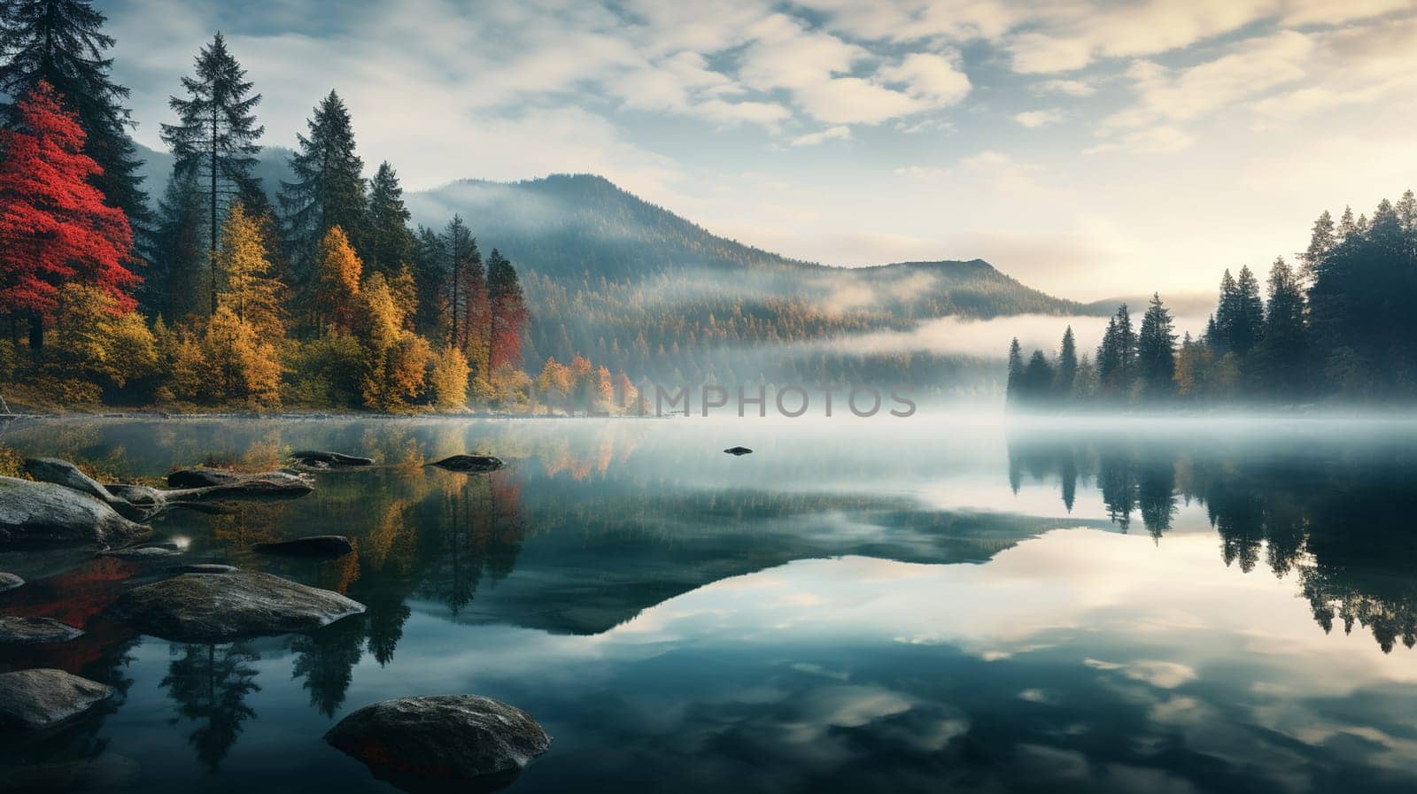 Wonderful Atmothpherical nature landscape. Beautiful scenery of lake in fall. Amazing nature landscape with mountans, lake and magic sky at Autumn morning. Popular travel destination. High quality photo