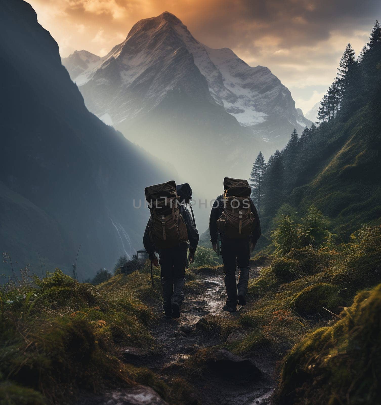 Young asian couple hikers climbing up on the peak of himalaya mountains. People helping each other hike up a mountain at sunrise. Giving a helping hand. Climbing ,Helps and team work concept. High quality photo