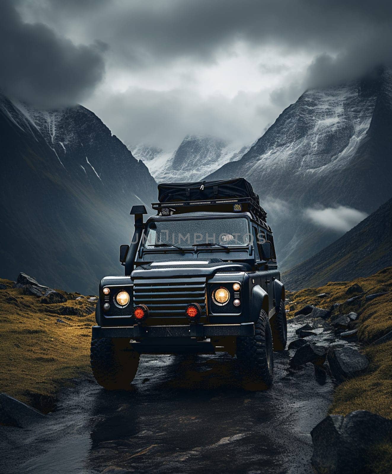 Dark green off-road car in the mountains. High quality photo