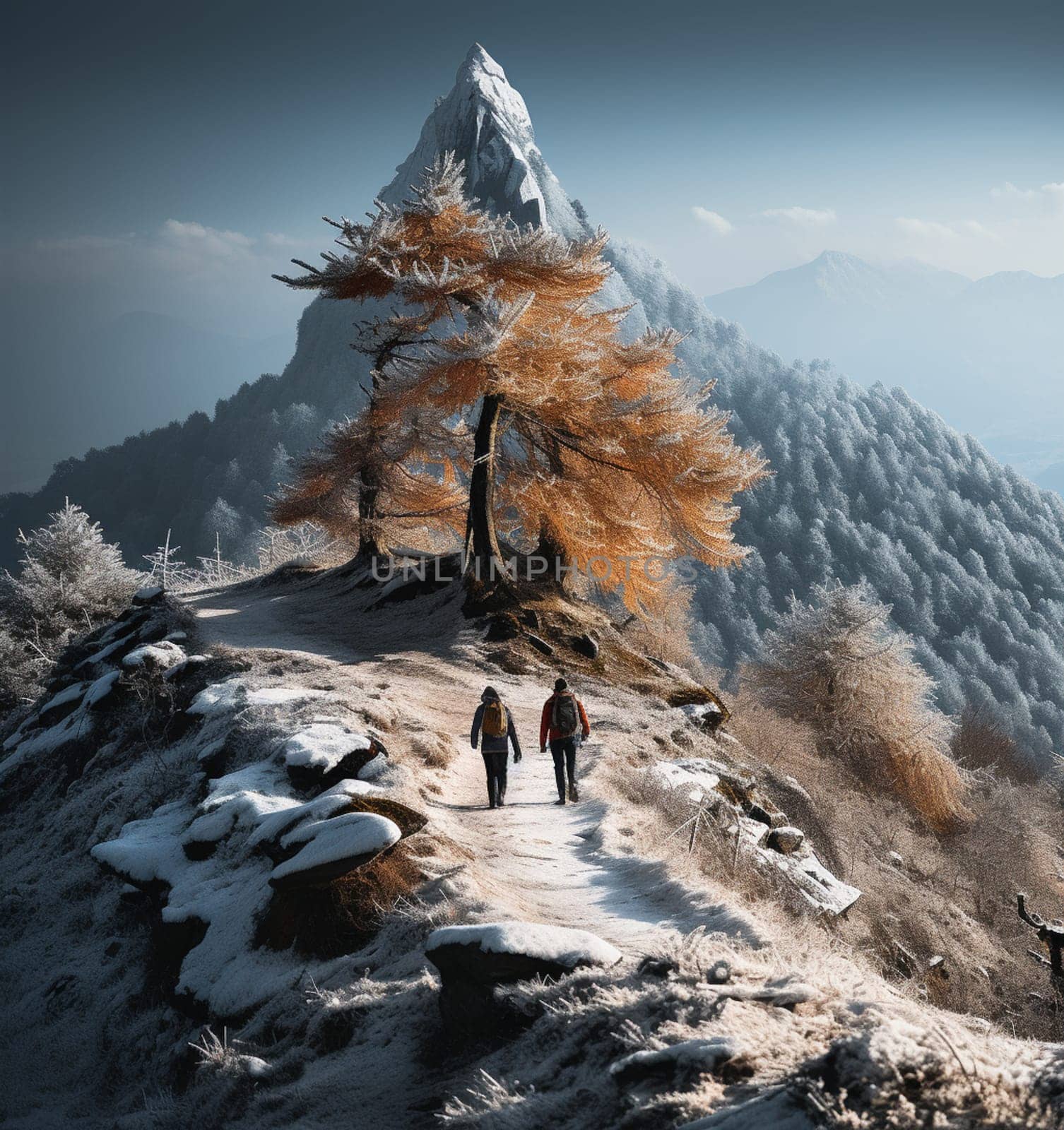 Young asian couple hikers climbing up on the peak of himalaya mountains. People helping each other hike up a mountain at sunrise. Giving a helping hand. Climbing ,Helps and team work concept by Andelov13