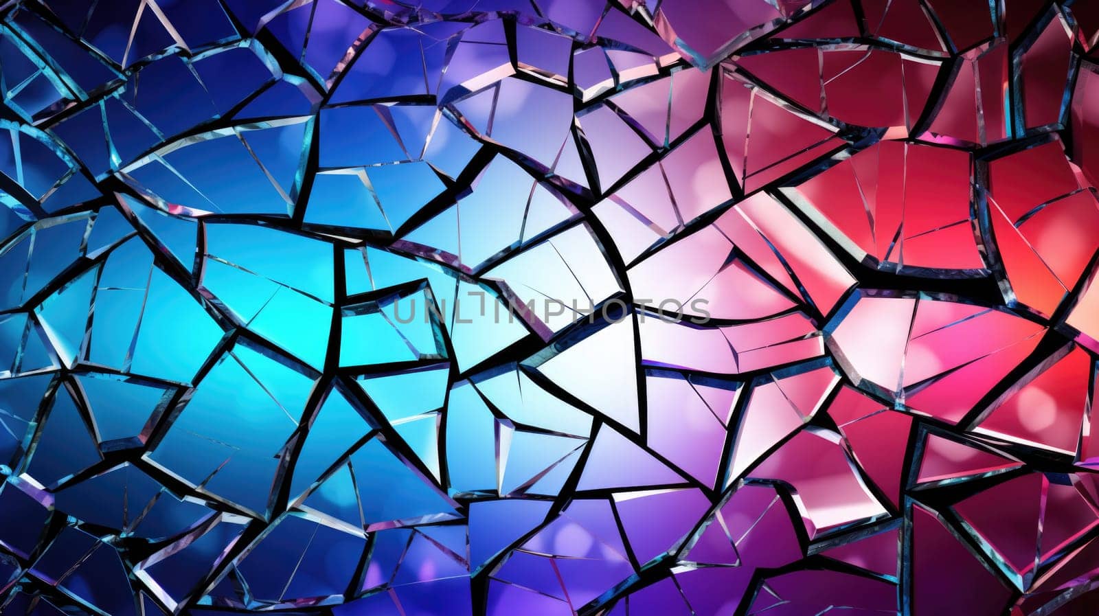 Colourful glass surface and glass fragments close-up in electric neon colours. Abstract background and texture