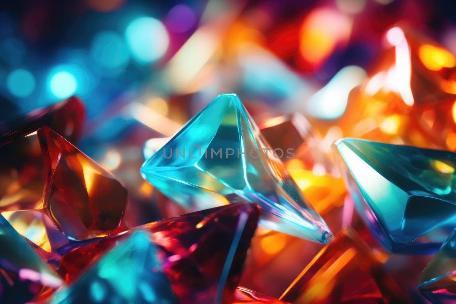 Colourful glass surface and glass fragments close-up in electric neon colours. Abstract background and texture