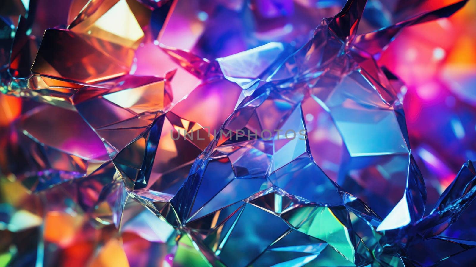 Colourful glass surface and glass fragments close-up in electric neon colours. Abstract background and texture