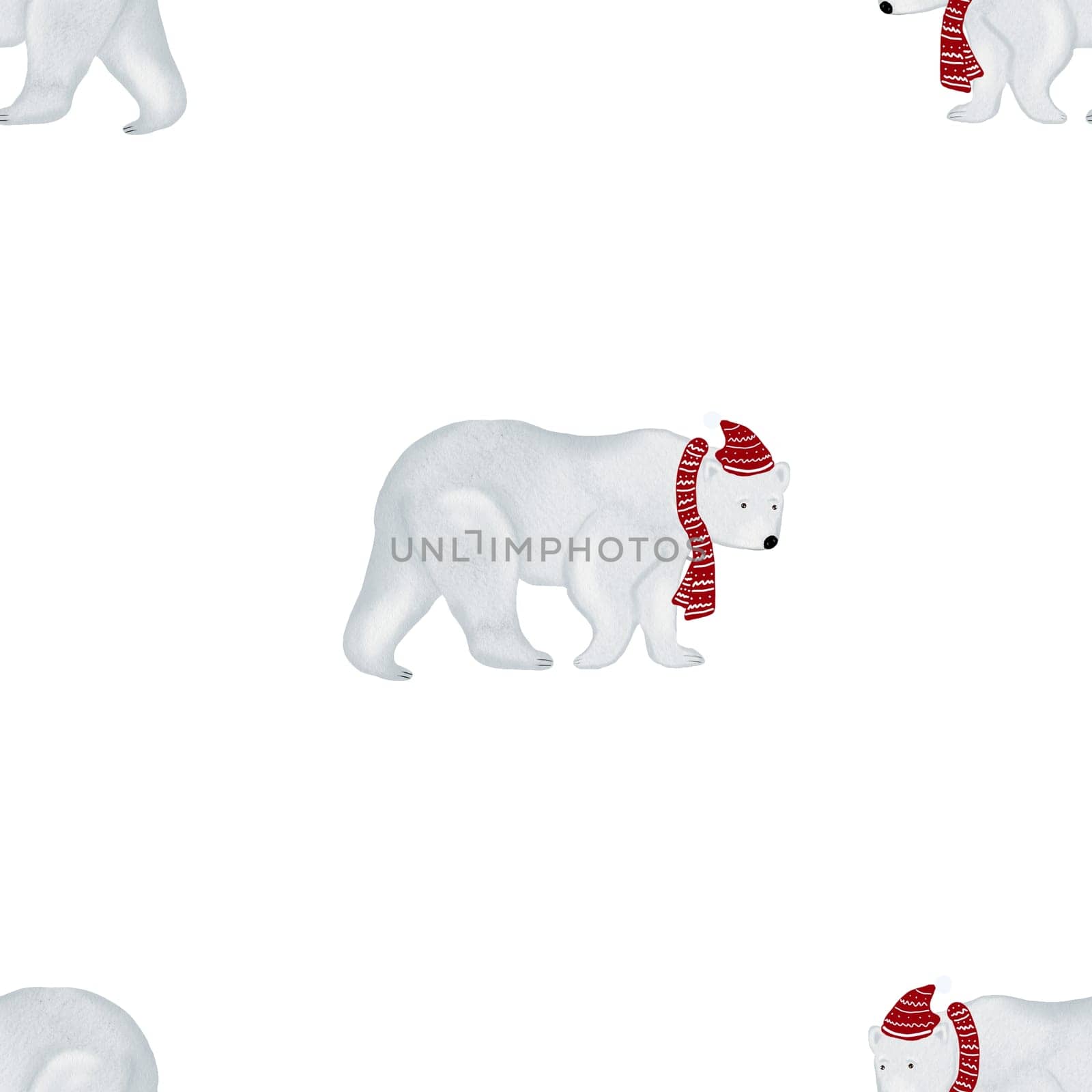 Watercolor seamless pattern with a white polar bear in a Santa hat. Cute design for printing on children's textiles and pajamas. High quality illustration White bears
