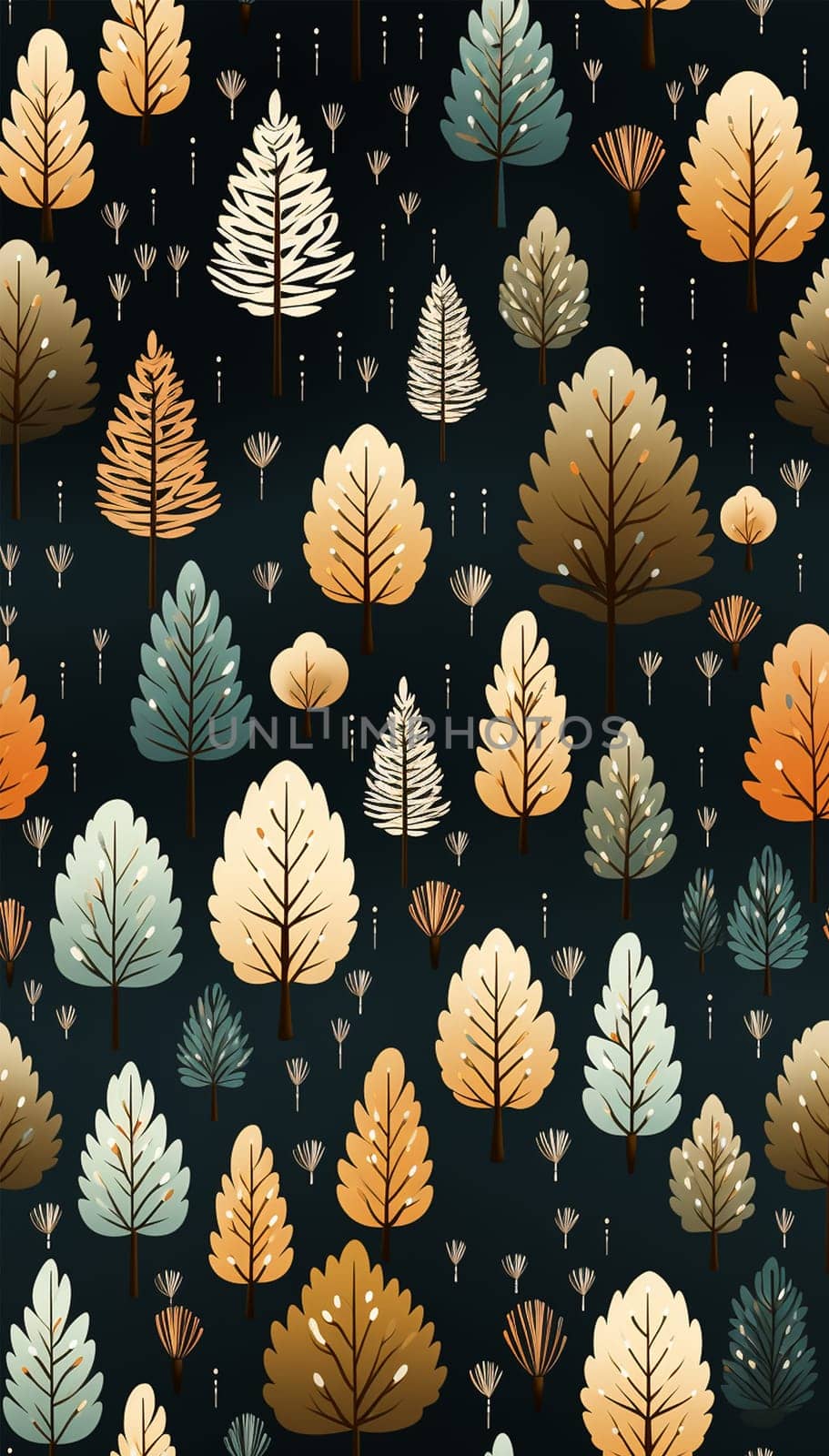 Abstract seamless pattern with autumn forest. background for various surface. Trendy drawn textures. Colorful trees and forest wallpaper cute design by Annebel146