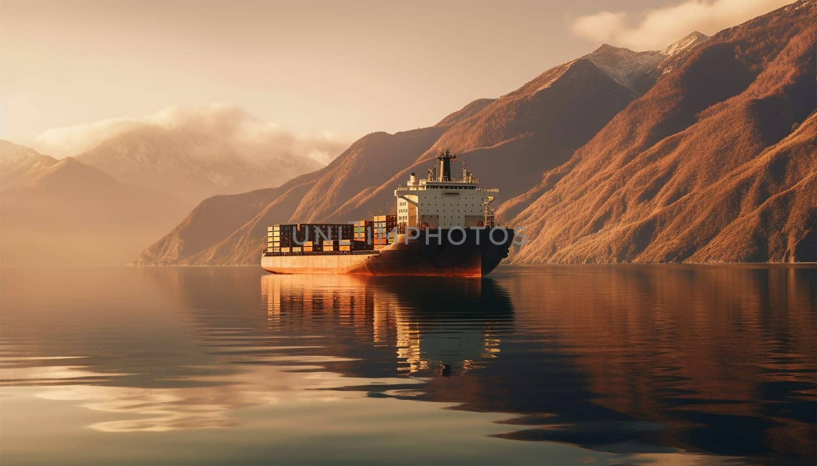 Illustration with a dry-cargo ship at sea, ocean. Commerce shipping, delivery of goods. Cartoon bulk-carrier on mountain background. Nautical boat, a marine vessel with metal containers with beautiful landscape by Annebel146