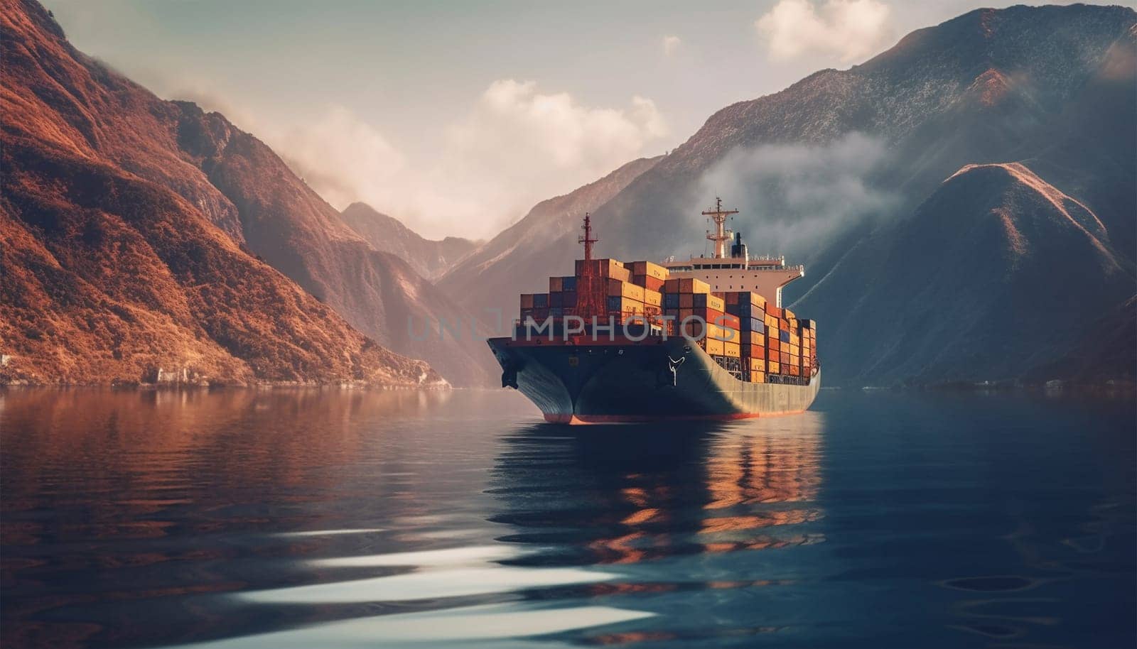 Illustration with a dry-cargo ship at sea, ocean. Commerce shipping, delivery of goods. Cartoon bulk-carrier on mountain background. Nautical boat, a marine vessel with metal containers with beautiful landscape by Annebel146