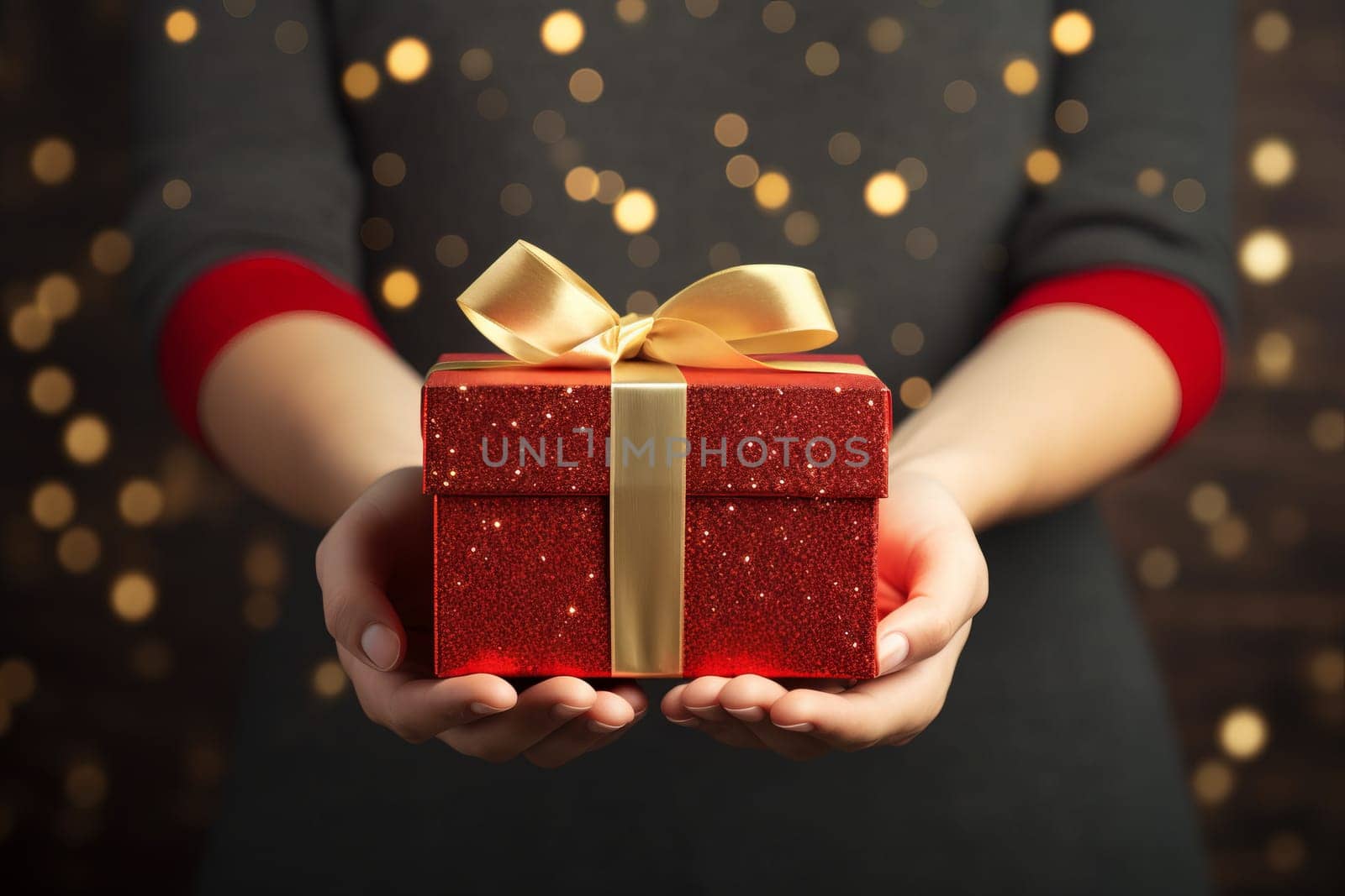 Female hands holding gift box on bokeh blurred background, holidays concept