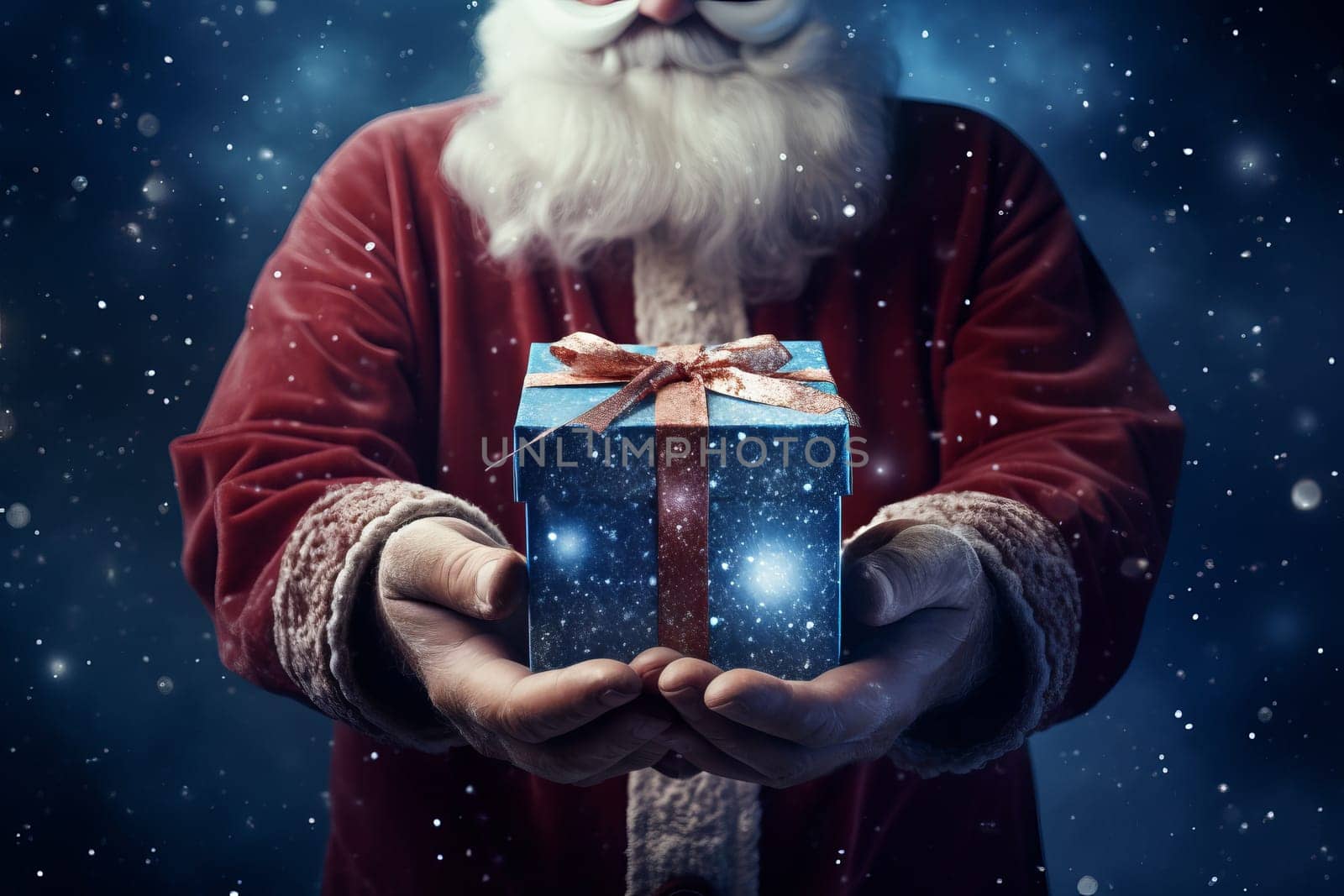 Santa Claus holds a gift box in his hands. Close-up photo. New year or Christmas holidays concept