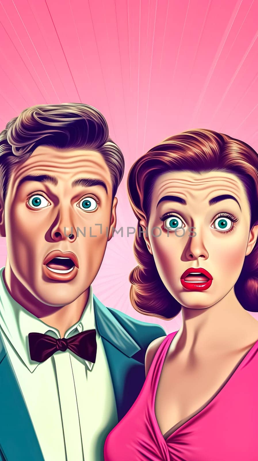 the shocked expressions of a vintage-style couple, reminiscent of classic mid-century artwork, retro vertical by Edophoto