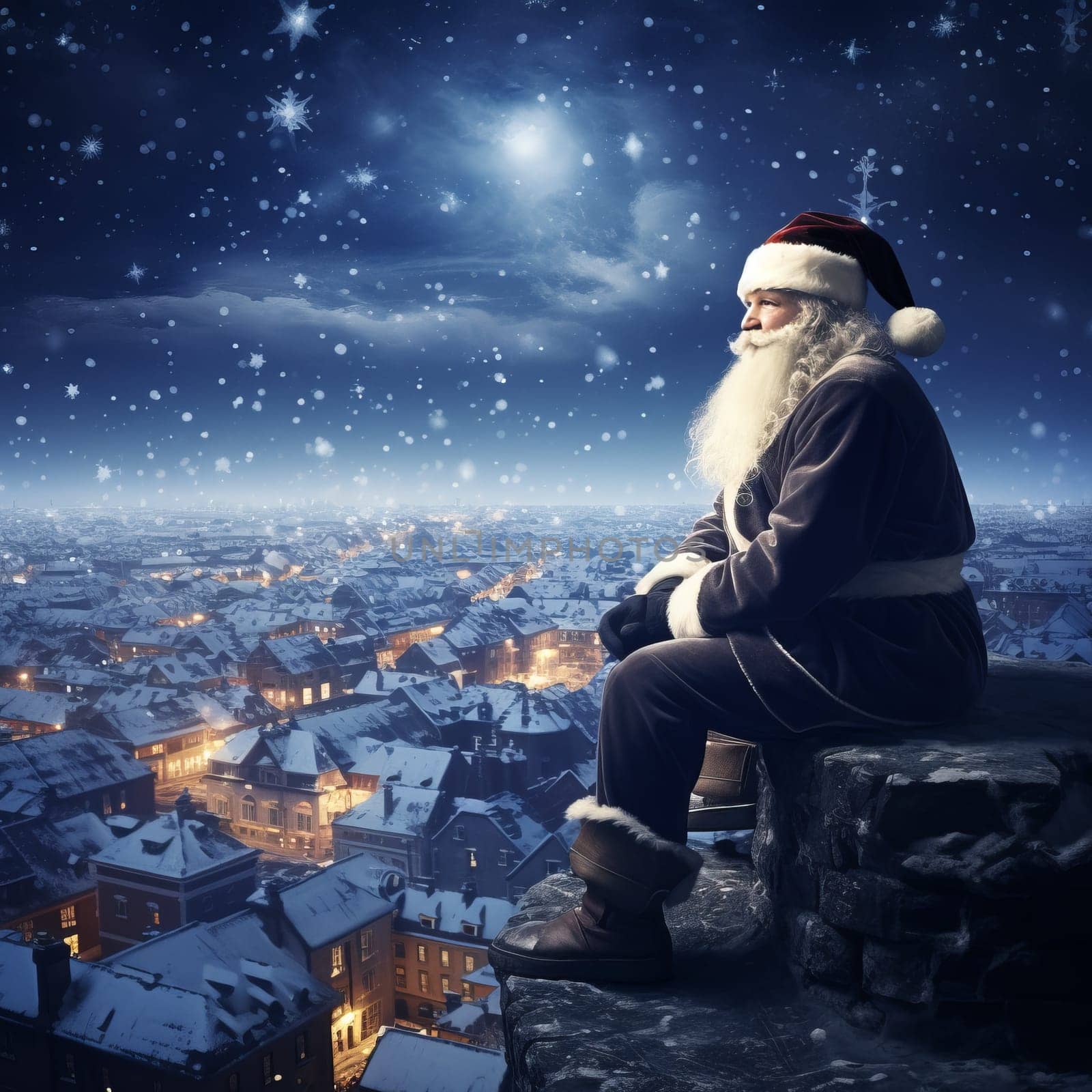 Santa Claus stands on the roof of an house on night city scene background