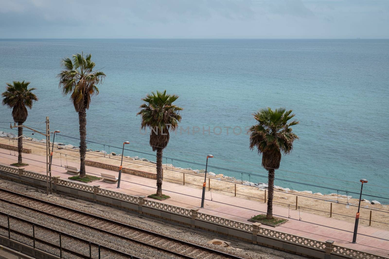 Tram railway and palm trees on sea waterfront in Vilassar de Mar on summer day. Railroad on embankment at sunny Spanish resort. Vacation route