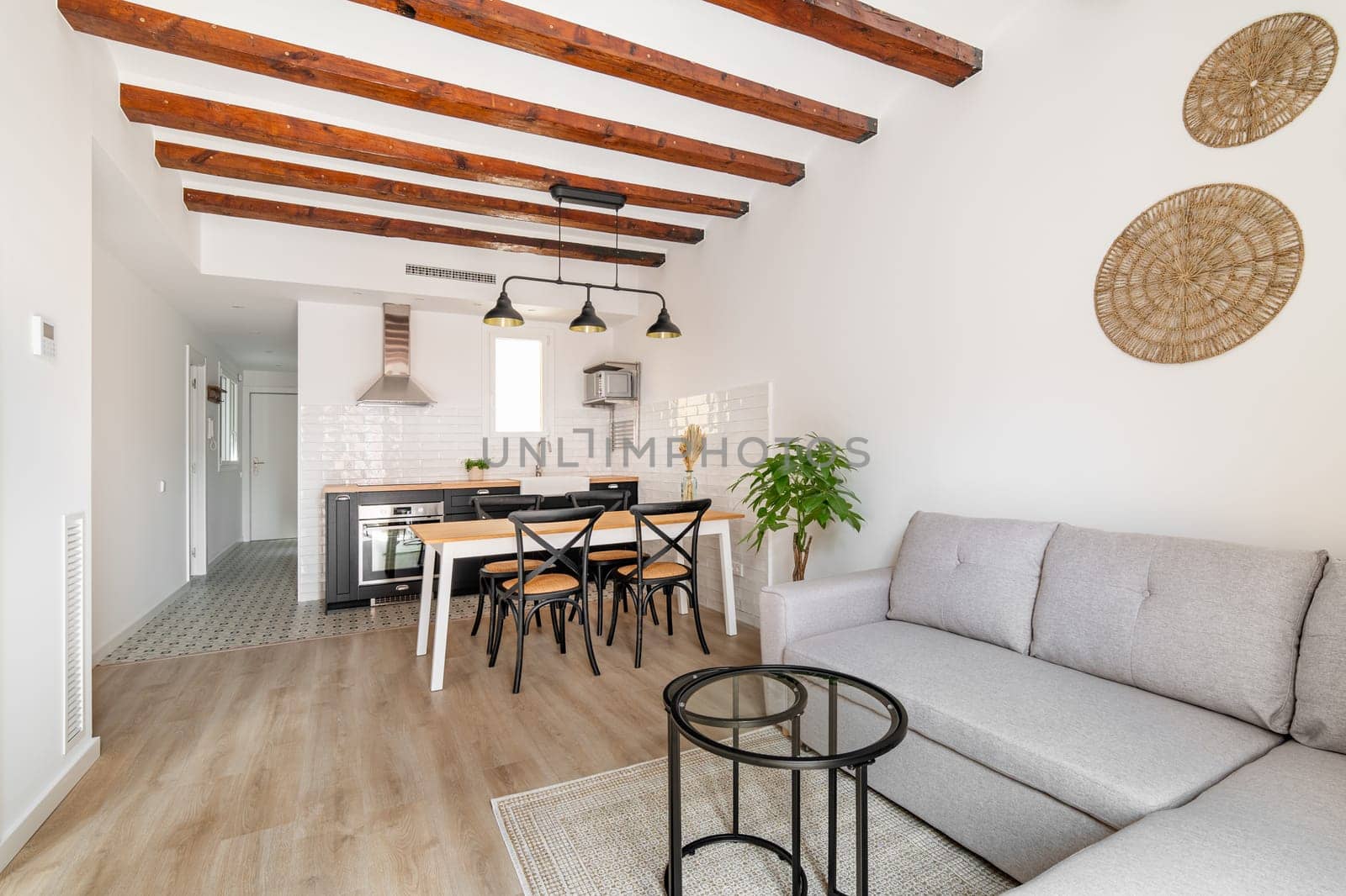 Horizontal shot small studio apartment with a combined living room and kitchen in a modern loft style with stylish appliances and furniture. Mortgage concept for a young family with renovation.