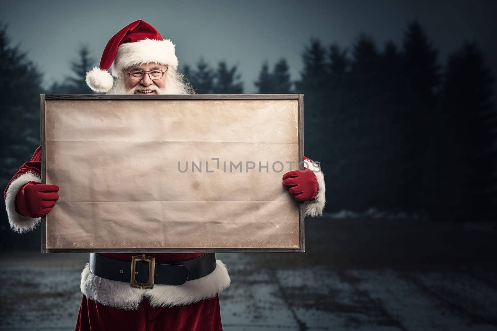 Santa Claus showing an empty vintage billboard in his hands, outdoor