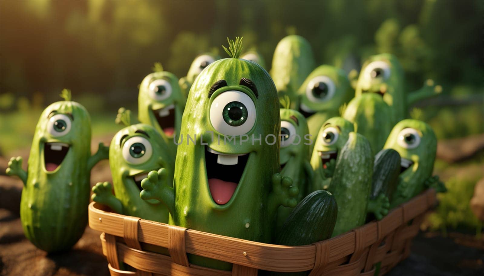 Cute animation cucumber in basket. Vegetable & fruit design character. Funny 3D design copy space. Concept for healthy food Space for text