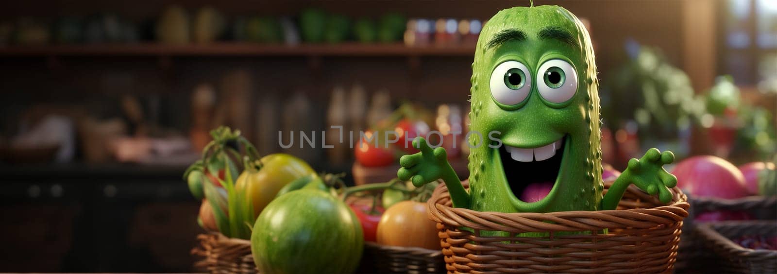 Cute animation cucumber in basket. Vegetable & fruit design character. Funny 3D design copy space. Concept for healthy food Space for text
